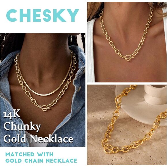 14K Gold paperclip Plated Chunky Layered Necklace | Paperclip Herringbone Chain - Picture 5 of 7